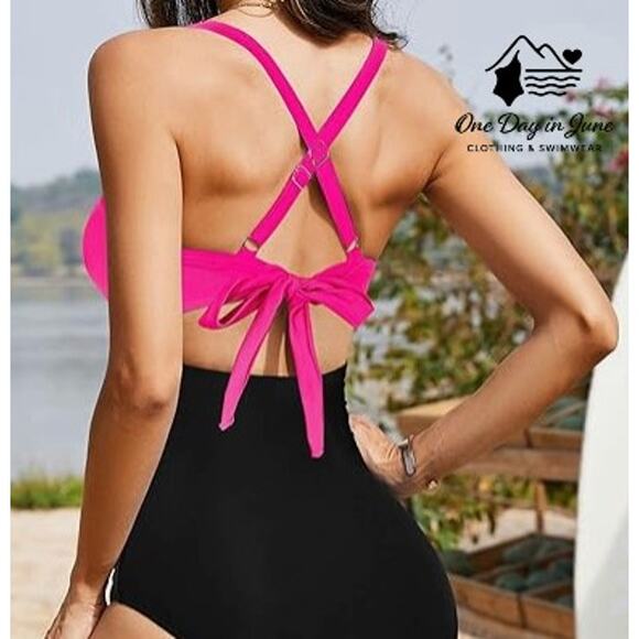 American Trends Cross Front Tie Back Cut Out One Piece Swimsuit Size L - Picture 2 of 6